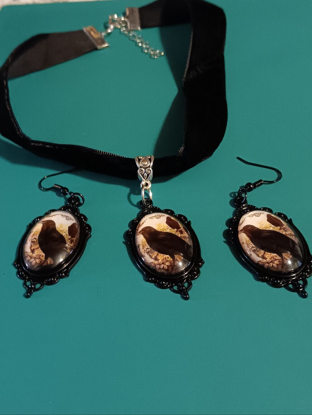 Black Raven Cameo Choker & Earring Set, Gothic Costume Jewerly, Fall Halloween